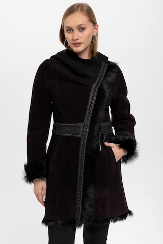 Mürdüm Seline Triko Kapüonlu Hakiki Deri Kürk Kaban-mürdüm Mürdüm