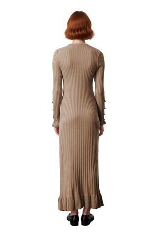 Ersefa Kadın Bodycon Kesim Akrilik Ribana Triko Maxi Elbise İncili Detay Bej