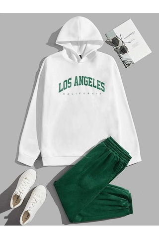 Los Angeles Eşofman Takımı Beyaz Sweatshirt Yeşil Jogger - Baskılı Oversize Şardonlu Kapüşonlu Beyaz Yeşil