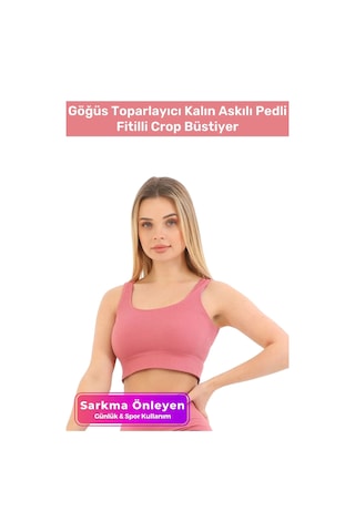 Fantazer Premium Göğüs Toparlayıcı Sarkma Önleyen Spor Günlük Kalın Askılı Pedli Fitilli Crop Büstiyer Pembe