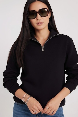 Afri Kadın 3 İplik Şardonlu Yarım Fermuarlı Siyah Sweatshirt İçi Pamuklu Kalın Kumaş, Tam Kalıp Rahat Model Siyah
