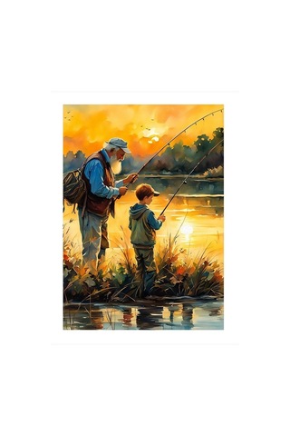 Balık Tutan Dede Ve Torun Tasarım Ahşap Tablo 35cm X50cm