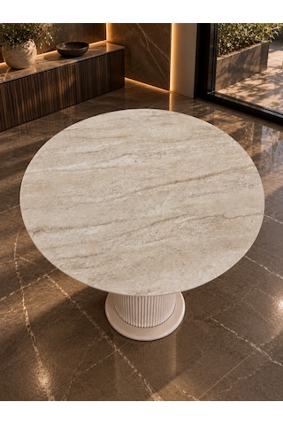Traverten Desenli Yuvarlak Masa 90 Cm Mdf Vizon Bej