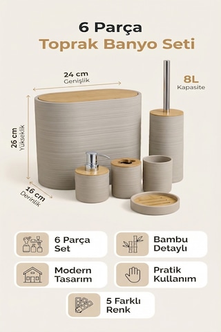 Makri Home 6 Parça Toprak Banyo Seti, Bambu Detaylı, 8l Çöp Kovası 24x26x16 Cm Kahverengi