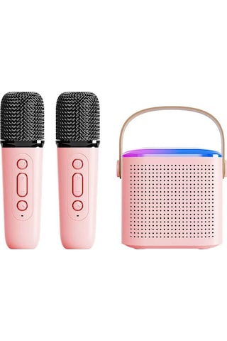 Springsun Pembe Mini Karaoke Makinası, 2 Kablosuz Mikrofonlu, Bluetooth 5.3, Dışarıda/evde Kullanım, 8-10 Saat Çalma Süresi, 5w 2 Güçlü Hoparlör