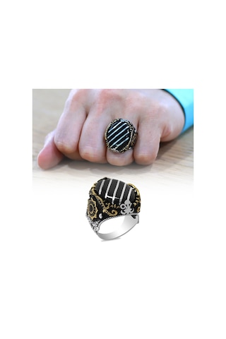 Erzurum Oltu Taşı Üzerine Gümüş Çapraz Şerit İşlemeli Koleksiyonluk 925 Ayar Gümüş Erkek Yüzük Gümüş