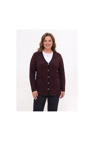 Onno Style Women Desenli Klasik Triko Düğmeli Ceket Siyah - Bordo