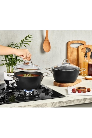 Amboss Dark Dar-1301 Cam Kapaklı Granit Derin Tencere 26 CM