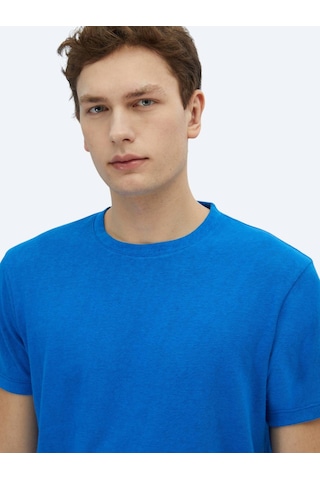 Kip Saks Düz Bisiklet Yaka Pamuk Karışımlı T-shirt Saks