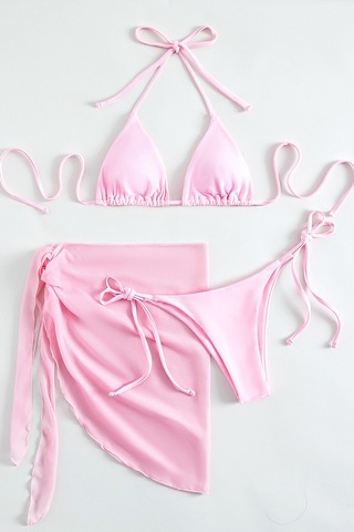 Angelsin Pareolu Bağlamalı 3'lü Bikini Takım Set Çıkartılabilir Kaplı Pembe