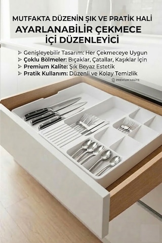 Çekmece İçi Kaşıklık Ve Bıçaklık Düzenleyici Organizer Ayarlanabilir Kayar Kızaklı Beyaz