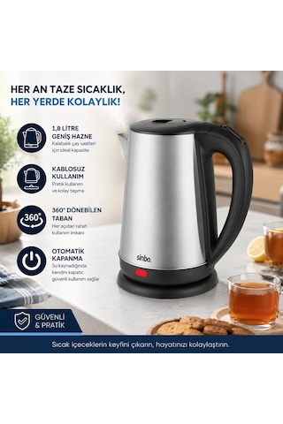 Çelik Kettle Su Isıtıcısı Kablosuz Kullanım 1.8lt 360 Derece Dönebilme Otomatik Kapanma Sk-8026 546