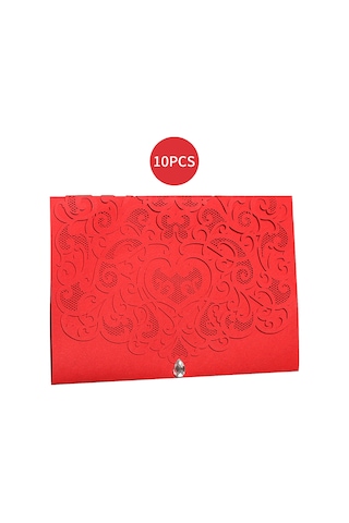 Shineyee 10 Adet Kırmızı Kristal Açık Desenli Düğün Davetiyesi Zarf + Kılıf + Boş İç Sayfa