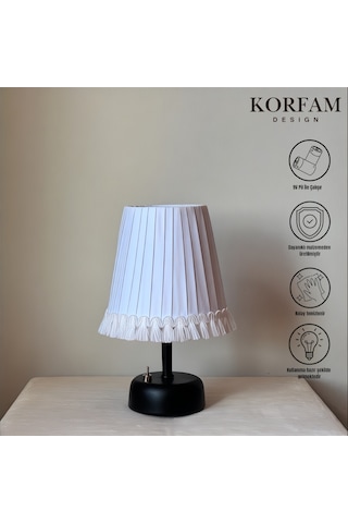 Püsküllü Beyaz Kumaş Modern Pilli Masa & Gece Lambası Çok Renkli