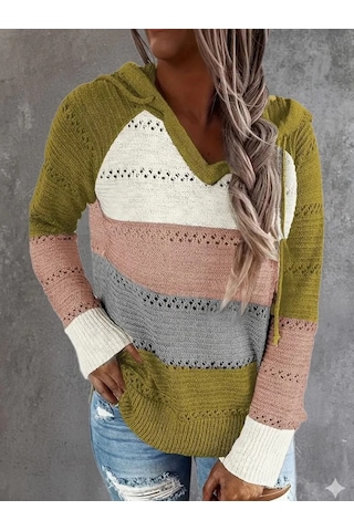 Kadın Uzun Kollu V Yakalı Bağcıklı Kapşonlu Triko Bluz Pembe