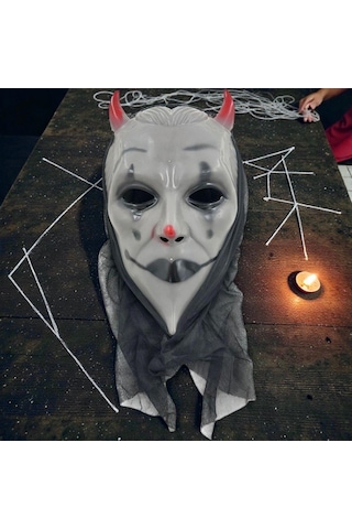 Kırmızı Boynuzlu Tüllü Gri Şeytan Maskesi Cadılar Bayramı Korku Maskesi Devil Mask Halloween Mask Tüm Yaşlar