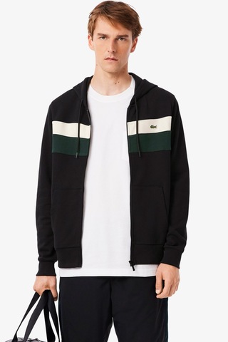 Lacoste Men's Classic Fit Colour-block Fleece Hoodie Organik Pamuk Renk Bloklu Fermuarlı Sweatshirt Siyah