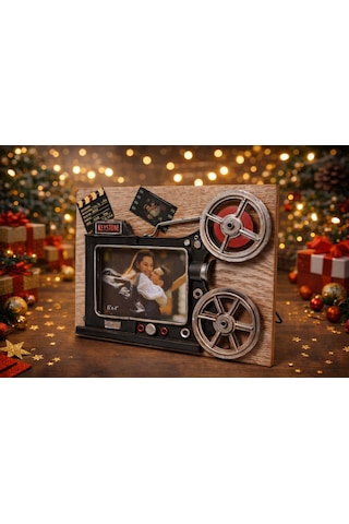 Sinema Temalı Vintage Dekoratif Çerçeve El Yapımı Eskitme Metal Ahşap Fotoğraf Çerçevesi Beyaz