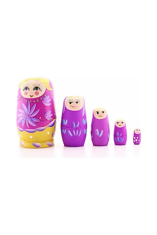 Star Elit Home Ahşap Tombul İç İçe Matruşka Bebek Pembe Set 5li Büyük Boy
