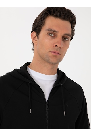 Siyah Regular Fit Tam Fermuarlı Kapüşonlu Sweatshirt