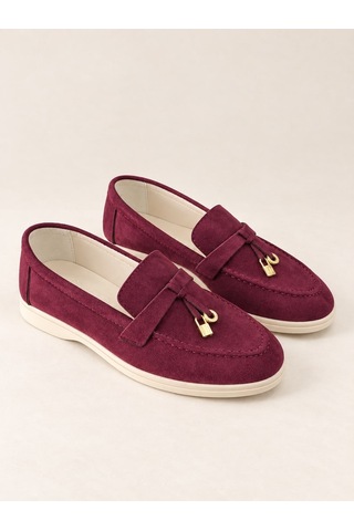 Dabab Shoes Lupy Kadın Bordo Süet Loafer Ayakkabı Gold Aksesuarlı Ortopedik Rahat Taban Casual Babet