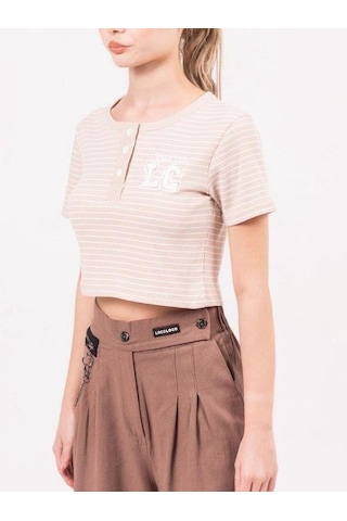 Zekids Kız Çocuk Lc Aplikeli Çizgili Crop T-shirt-13940 Bej