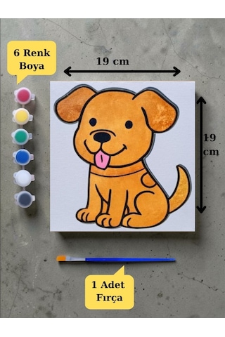 Tuval Boyama Aktivite Seti Sevimli Köpek Baskılı 19x19 Cm Tuval, Fırça Ve 6 Renk Akrilik Boya Seti