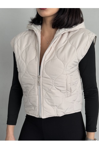 Kadın Cepli Kapitone Kapüşonlu Crop Yelek Krem
