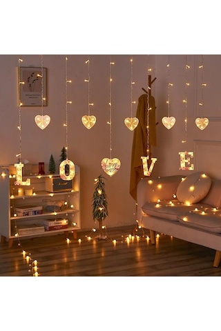 Kalp Love Günışığı Yılbaşı Parti Dekorasyon Işıklandırmaları, Saçak Perde Led Işık, Noel Süsleri Gün Işığı - Sarı