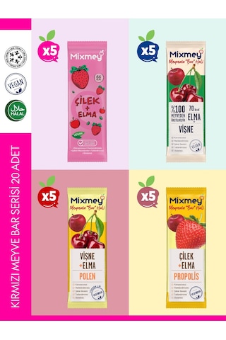 Mixmey Kırmızı Meyve Bar Serisi 20 Adet | Sağlıklı Atıştırmalıklar – Vegan, Glutensiz (20GR X 20 ADET)