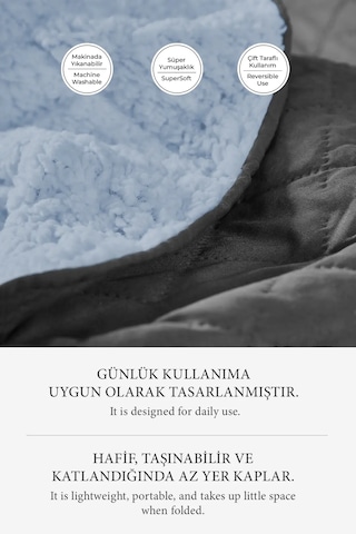 Premium Peluş Çift Kişilik Çok Amaçlı Yatak Örtüsü 200x220 Çift Taraflı Battaniye Gri Mavisi Antrasit