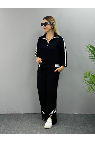 Defymoda Kadın Polo Yaka Paça Yırtmaçlı Ribanalı İkili Takım Siyah