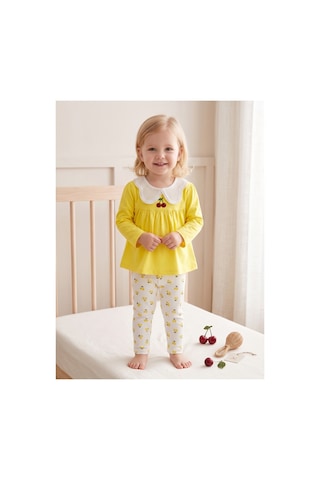 Deniva Kids Kız Bebek & Çocuk Dantel/örgü Bebe Yaka Kiraz Nakışlı Tunik Ve Ribana Çiçek/kiraz Desenli Tayt 2'li Alt Üst Takım Sarı