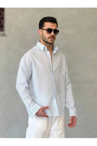 Valensdesign Erkek İnce Çizgili Gofre Kumaş Rahat Kalıp Gömlek Buz Mavi