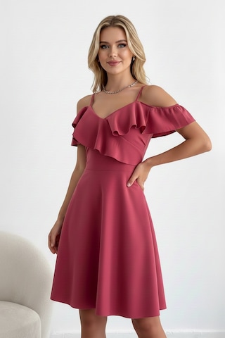 Zedefx Kadın İnce Askılı Katlı Fırfırlı Elbise Pembe