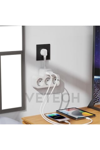 Akım Korumalı Grup Priz Duvar Tipi 3x Priz, 2x Type-c, 1x Usb Port Çıkışlı Çoklu Priz Beyaz 0