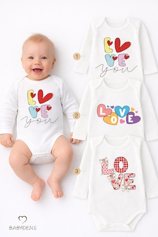 Babyden's Love Temalı 3 Lü Bebek Body Seti %100 Pamuk Uzun Kollu Çıtçıtlı Bebek Zıbını Unisex Beyaz
