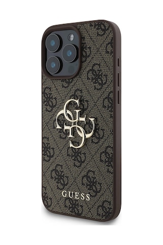 Apple Uyumlu iPhone 16 Pro Kılıf Guess Lisanslı Pu Deri 4g Desen Metal Büyük 4g Ve Yazı Logolu Kahverengi
