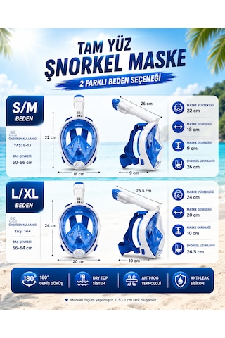 Kenly Tam Yüz Şnorkel Maske S-m L-xl Beden Seçenekli Dry Top Deniz Gözlüğü Seti Beyaz Mavi