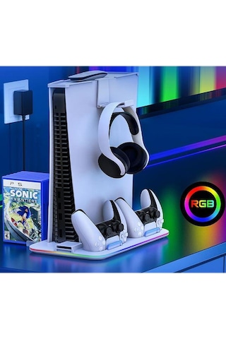 Playstation 5 Standart Fat Kasa Fanlı - Rgbli - Oyun Raflı - Şarjlı Stand - Beyaz
