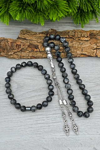 Erkek Doğal Taş Lavrakit Tesbih Ve Bileklik Set 8 Mm Bt040 Gri
