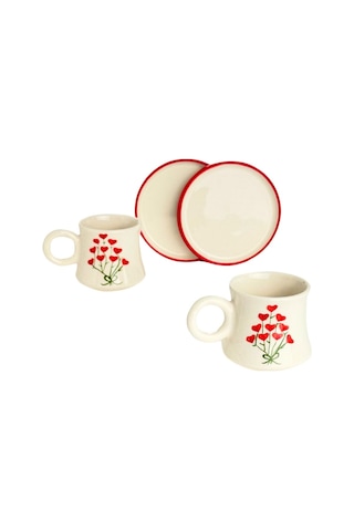 2 Li Takım Kalp Buketi El Yapımı Kazan Seramik Kahve Fincanı, Kahve Fincanı, Hand Made Beyaz