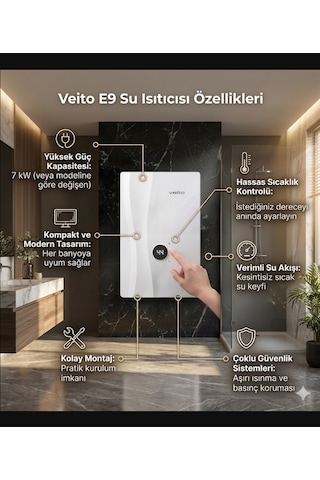 Veito Speed E9 Dokunmatik Dijital Ekranlı Ani Su Isıtıcısı Şofben - 9 Kw Güçlü Isıtma, Ip25 Su Geçirmezlik Tasarımlı Şofben Elektirikli Şofben Montaj Dahil Değildir.