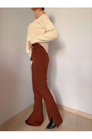 Kahverengi Yırtmaçlı İspanyol Paça Pantolon Kahve