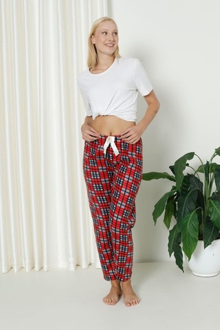 Luxury Soft Welsoft Polar Desenli Kurdeleli Kışlık Pijama Altı Pantolon Siyah Kırmızı Ekose Siyah - Kırmızı