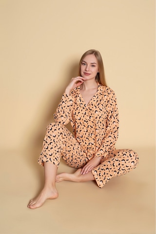 Kadın Gömlek Leopar Desen Uzun Kol Pijama Takımı Turuncu