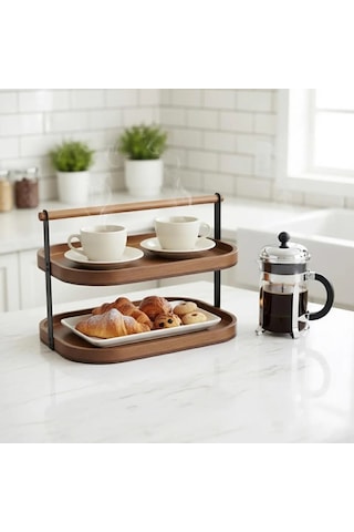 Qerhome 2 Katlı Akasya Stand / Sunumluk / Çok Amaçlı Organizer Doğal Ahşap İki Katlı Servis Ahşap