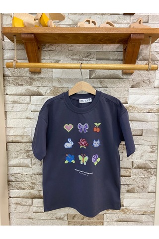 Aysbebe Nakış Desenli Kız Çocuk Tişört Füme 8920