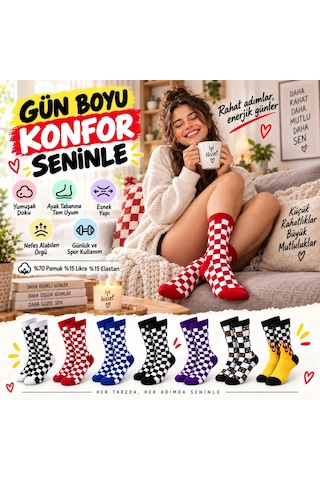 S'82 Unisex Çorap Dama Desenli Renkli 7'li Set Kareli Alev Desen Uzun Soket Günlük Spor Çorabı Çok Renkli