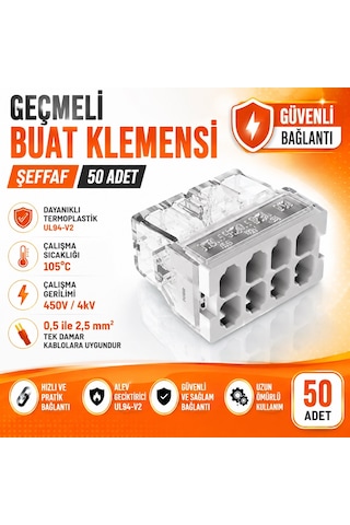 Geçmeli Buat Klemensi Şeffaf Gri-8 Kutup 50 Adet